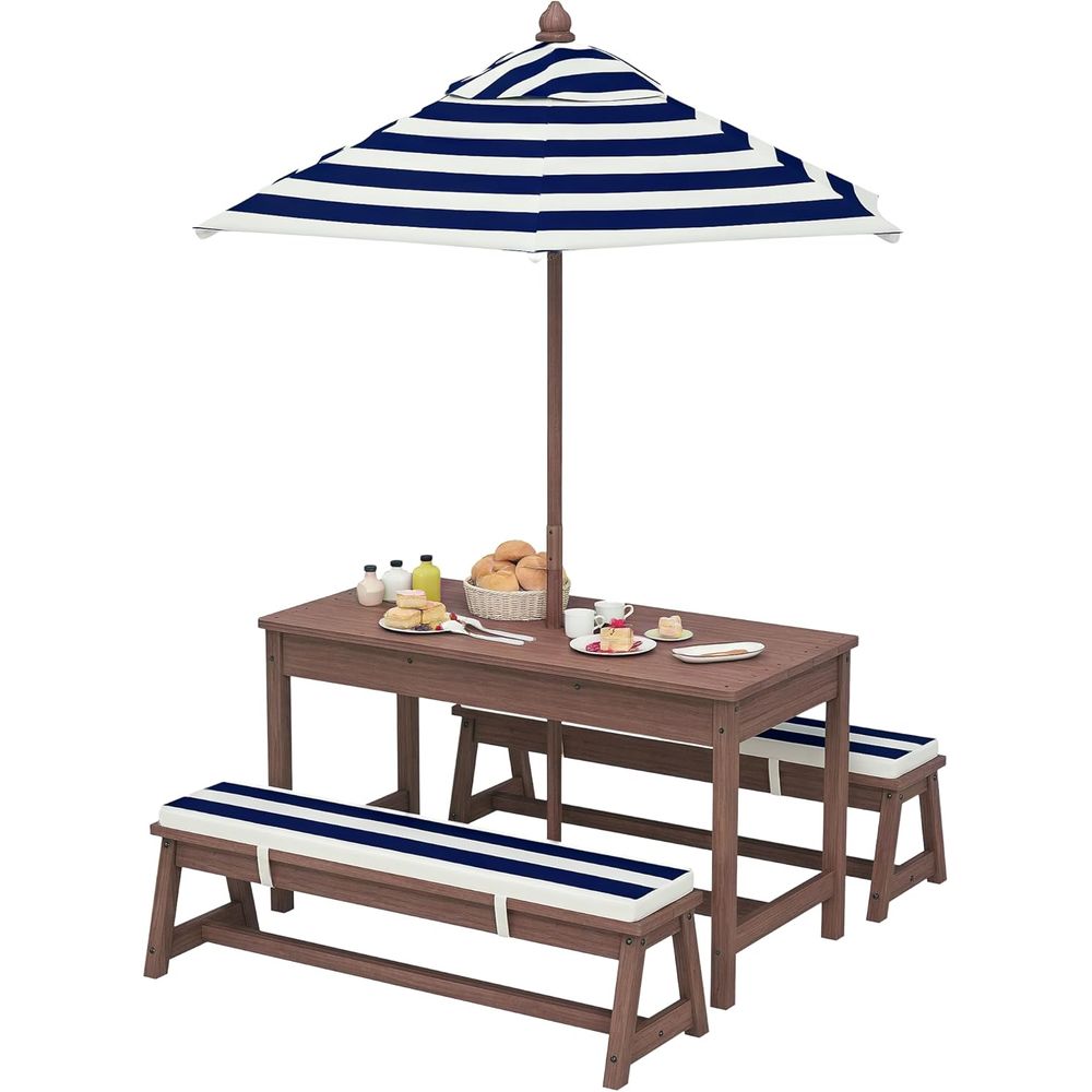 Kids Outdoor Bench With Umbrella - Qaba Kids Picnic Table, Outdoor Wooden