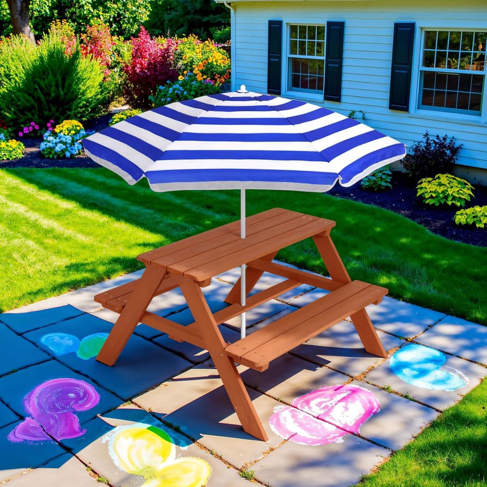 Wooden Kids Picnic Table with  - Kids Outdoor Bench With Umbrella 评论和价格