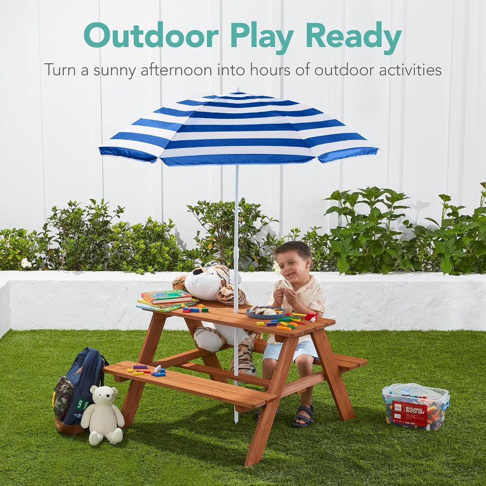 Wooden Kids Picnic Table with  - Kids Outdoor Bench With Umbrella 评论和价格
